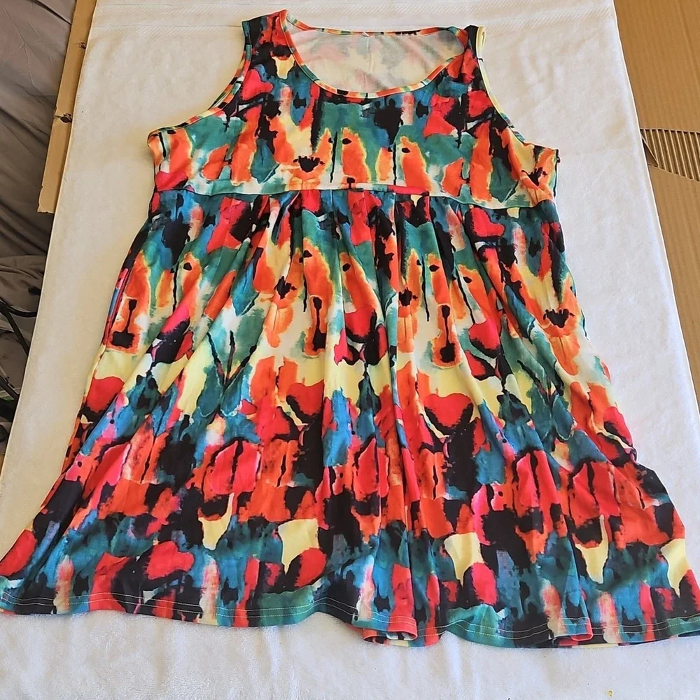 Multicolor Abstract Sleeveless Tank Dress Jersey Pullover Plus Size 3XL